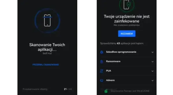 Aplikacja antywirusowa na iPhone pokazuje, że urządzenie jest czyste. Skanowanie 43 aplikacji nie wykazało zagrożeń.