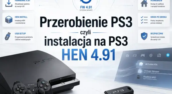 Przerobienie PS3 na wersję 4.91 z homebrew. Konsola, pad, pendrive i ekran z opcjami instalacji.