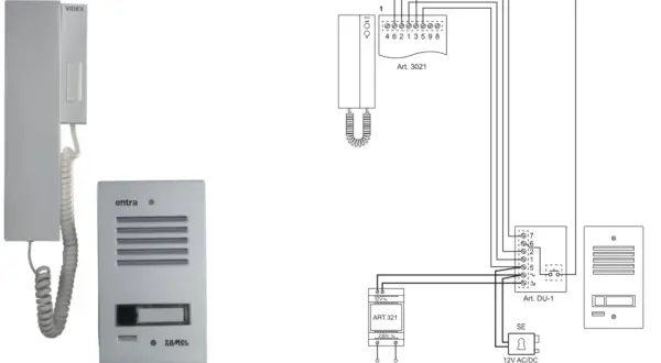 Schemat podłączenia domofonu: słuchawka, panel zewnętrzny, zasilacz i moduł.