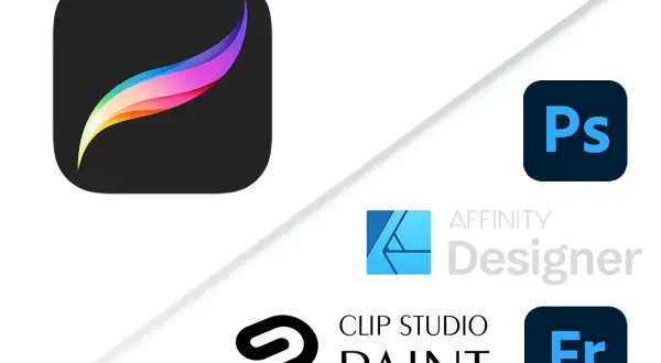Ikony Procreate, Photoshop, Affinity Designer i Clip Studio Paint. Porównanie procreate cena z innymi programami graficznymi.