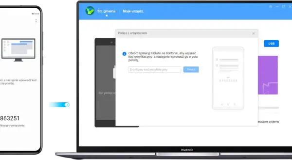 Połączenie telefonu z komputerem przez HiSuite. Na telefonie kod 72863251, na laptopie okno do wpisania kodu.