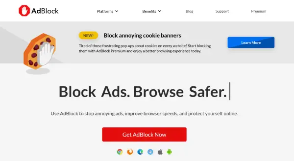 Zablokuj irytujące banery cookie i reklamy dzięki AdBlock. Ciesz się bezpieczniejszym przeglądaniem.