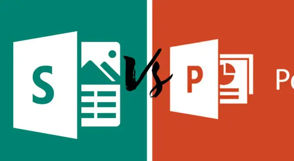 Zielona ikona z literą "S" i grafiką krajobrazu kontra czerwona ikona z literą "P" i wykresem. Porównanie narzędzi do tworzenia prezentacji, w tym Microsoft Sway.