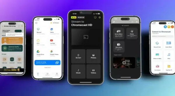 Aplikacje na iPhone'a pokazujące funkcje screen mirroring, strumieniowanie do Chromecast HD, przeglądanie i przesyłanie treści.
