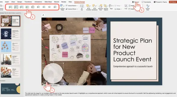 Prezentacja PowerPoint z widokiem kamery i menu "Camera Format". Kliknięcie "Record" (3) rozpoczyna nagrywanie.