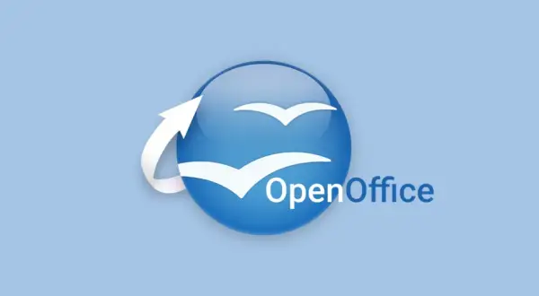 Logo OpenOffice z białymi ptakami i strzałką. Pobierz pakiet biurowy open office za darmo.