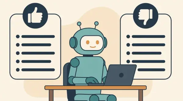 Uśmiechnięty robot przy laptopie, z listami "za" i "przeciw" po bokach. Chatoo analizuje dane.