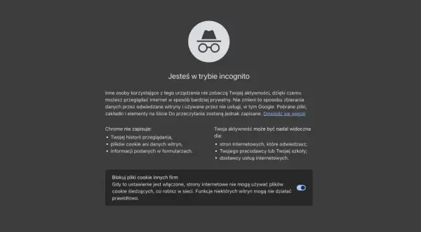 Ikona w okularach i kapeluszu symbolizuje tryb инкогнито. Przeglądaj sieć prywatnie, ale pamiętaj, że aktywność może być widoczna dla pracodawcy.