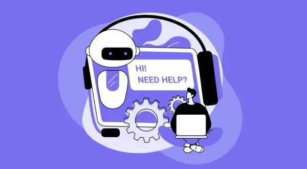 Robot z nagłówkiem "Hi! Need help?" i człowiek przy laptopie. To ilustracja pokazująca, gemini co to jest – inteligentny asystent.
