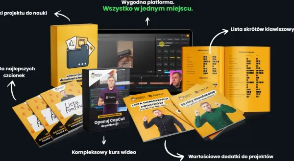 Zestaw materiałów do nauki CapCut: pliki projektów, lista czcionek, dodatki i skróty klawiszowe.