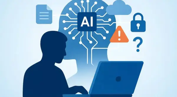 Człowiek pracuje przy laptopie, a w tle głowa z układem AI. Obok ikony chmury, kłódki i znaku zapytania. Może to być chatbot.