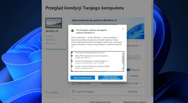 Komputer spełnia **windows 11 wymagania**. Sprawdzono TPM 2.0, procesor Intel i 64 GB RAM.