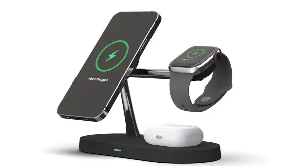 Ładowarka indukcyjna z iPhonem, zegarkiem Apple Watch i etui AirPods.