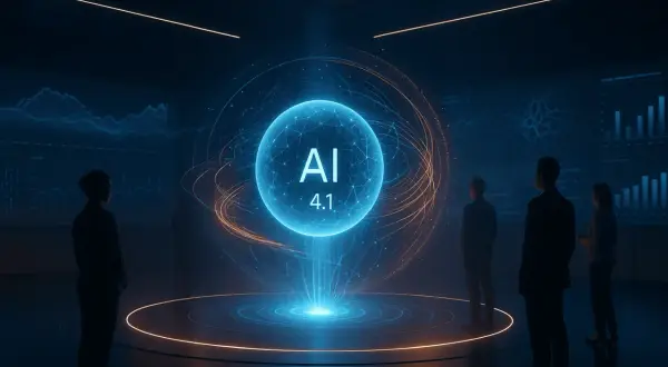 Ludzie patrzą na hologram AI 4.1, symbolizujący zaawansowaną sztuczną inteligencję. To jakbyśmy zobaczyli, co to jest grok w praktyce.