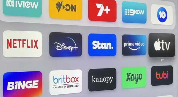 Ekran z ikonami popularnych platform streamingowych: Netflix, Disney+, Prime Video, Apple TV, Stan, Binge, Britbox, Kanopy, Kayo, Tubi.