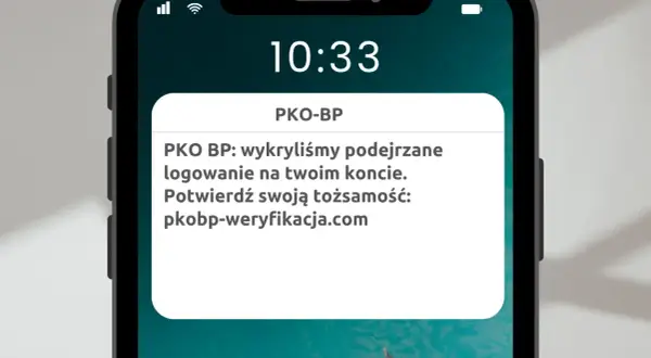 Ostrzeżenie o podejrzanym logowaniu PKO BP. To przykład smishingu, czyli oszustwa przez SMS. Nie klikaj w link!