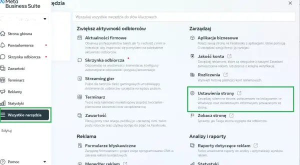 Panel Meta Business Suite, gdzie business manager zarządza ustawieniami strony, połączeniami z Instagramem i WhatsApp.
