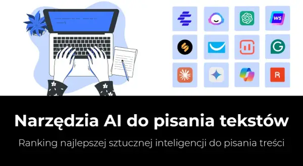 Ręce piszą na laptopie, obok notatnik. Ikony narzędzi AI do pisania tekstów. Znajdź swój program do pisania za darmo.