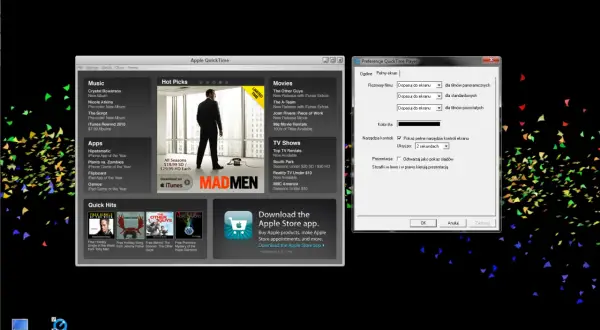 Ustawienia QuickTime Player: dopasowanie rozmiaru filmu, ukrywanie narzędzi po 2 sekundach.