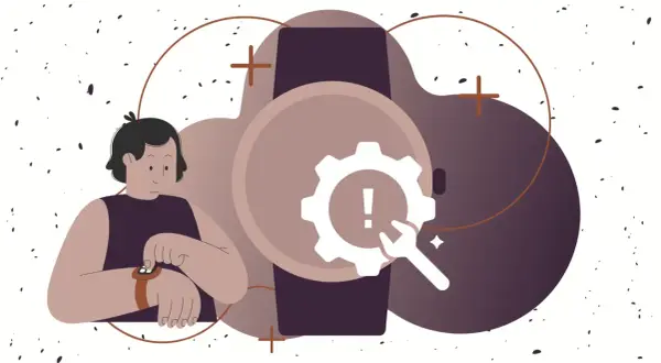 Osoba sprawdza swój smartwatch, który sygnalizuje problem. Ikona koła zębatego i wykrzyknika sugeruje potrzebę naprawy lub konfiguracji smart connect.