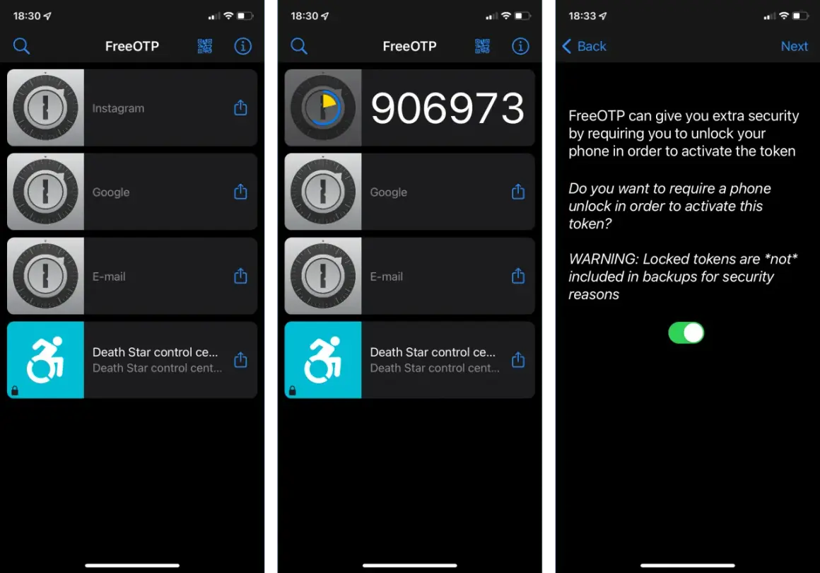 Aplikacja uwierzytelniająca FreeOTP wyświetla kody dla Instagrama, Google i e-maila. Włączono blokadę tokenów.