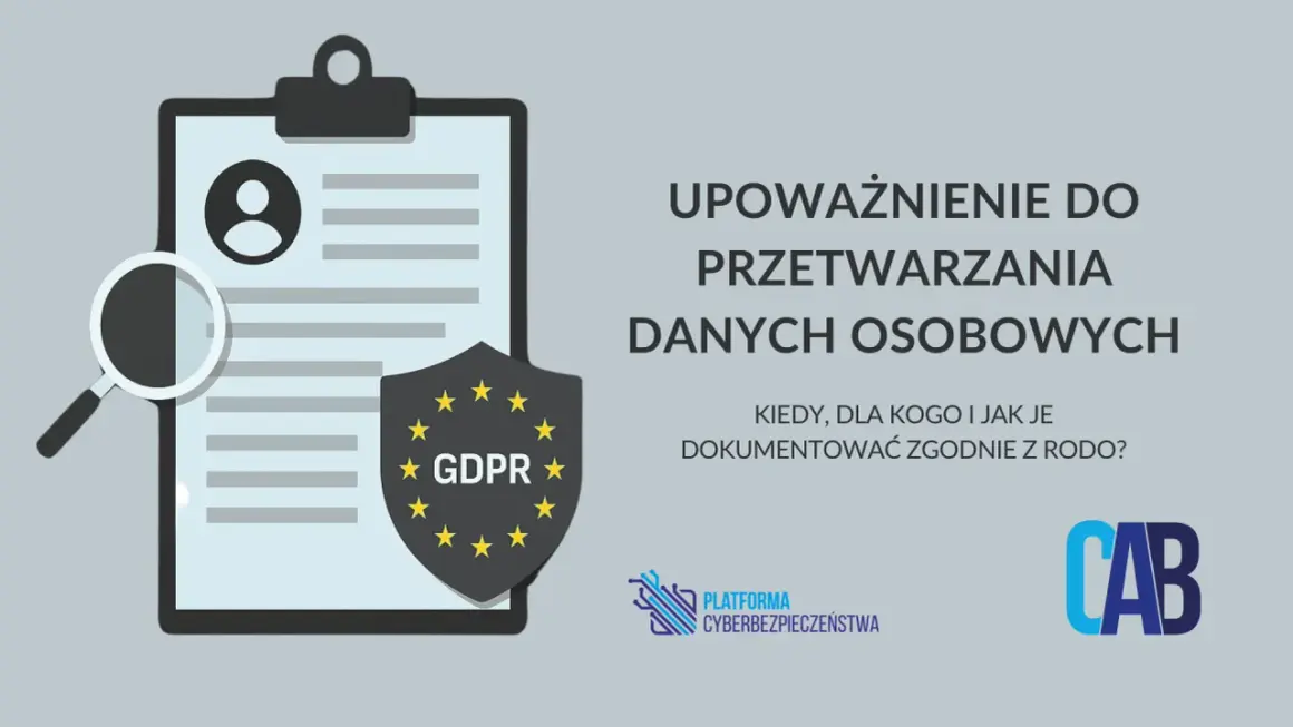 Grafika przedstawia dokument z lupą i tarczą GDPR, symbolizując upoważnienie do przetwarzania danych osobowych.