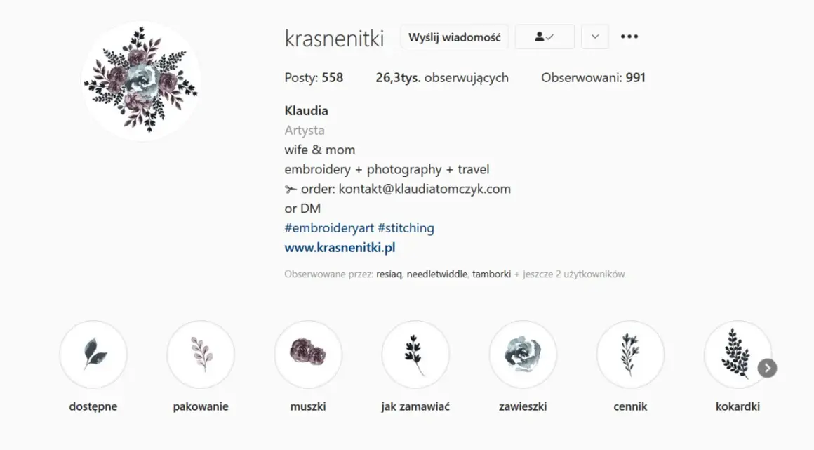 Profil Klaudii, artystki tworzącej haftowane cuda. Znajdziesz tu inspiracje i historie z jej pracowni, idealne do **stories instagram**.