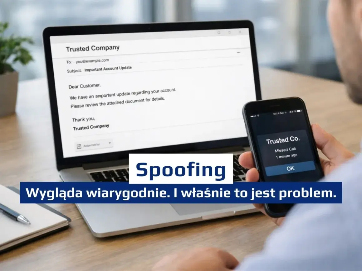 Oszustwo spoofingowe: fałszywy e-mail i powiadomienie o nieodebranym połączeniu wyglądają wiarygodnie, co jest problemem.
