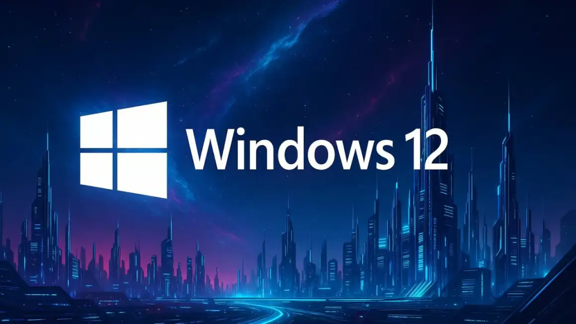 Futurystyczne miasto nocą, oświetlone neonami, z logo Windows 12 na tle kosmicznego nieba.