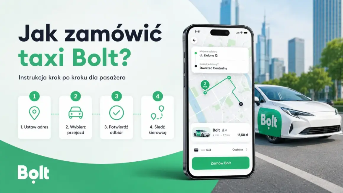 Instrukcja, jak zamówić Bolt: ustaw adres, wybierz przejazd, potwierdź odbiór i śledź kierowcę. Aplikacja pokazuje trasę i cenę.