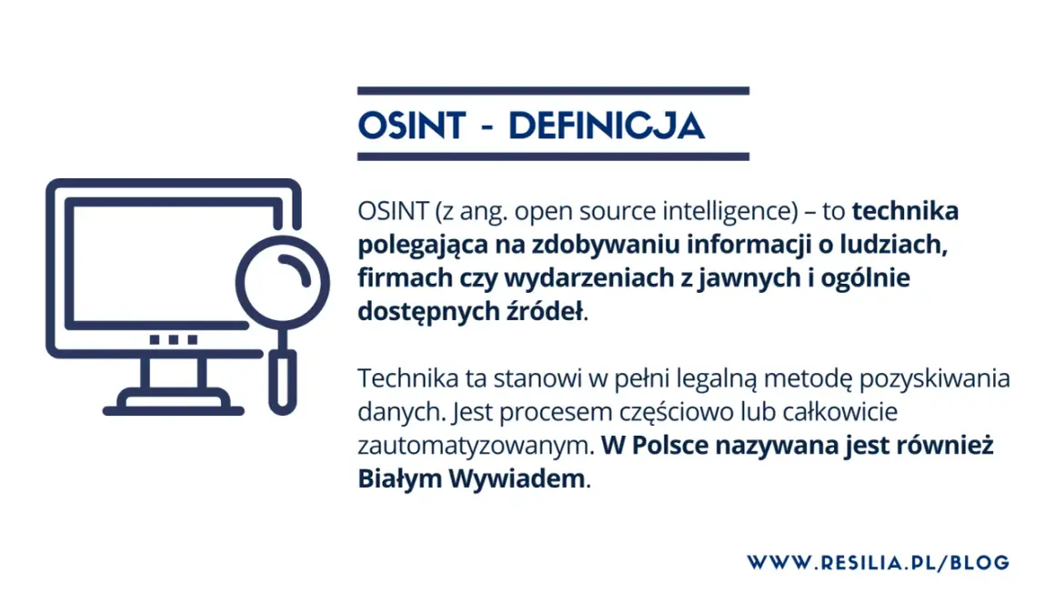 Grafika wyjaśnia, osint co to: technika zdobywania informacji z jawnych źródeł, znana też jako Biały Wywiad.