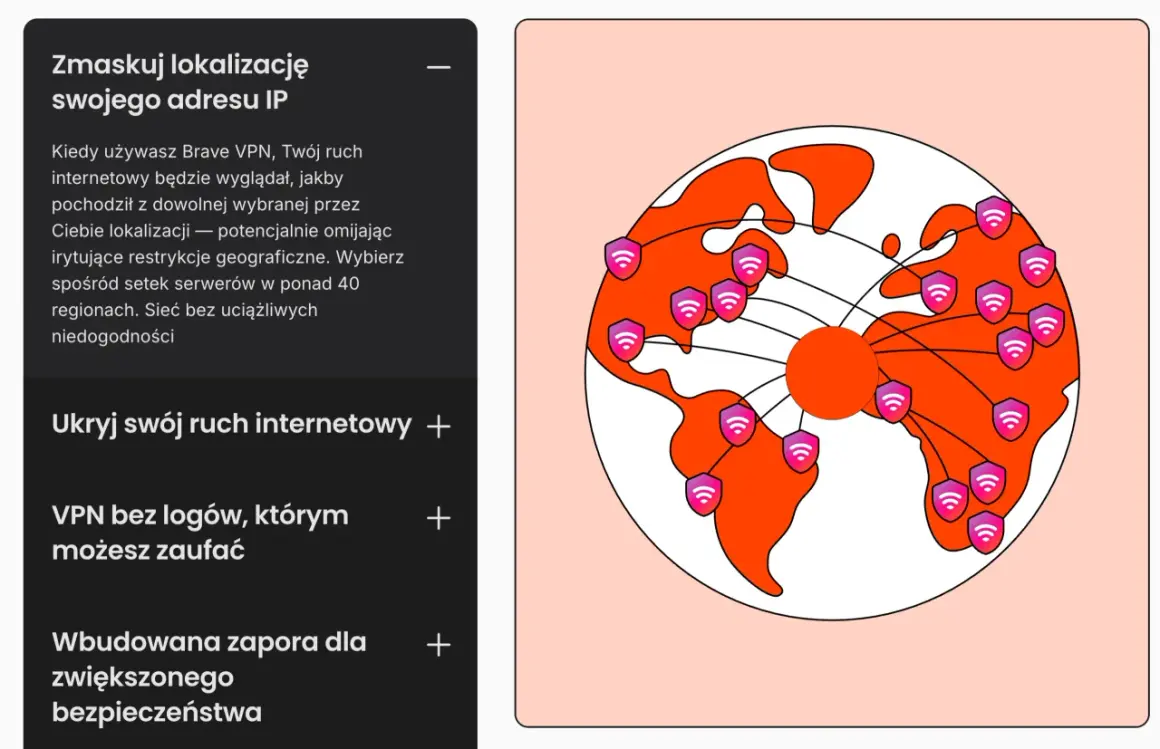 Grafika przedstawia globus z ikonami tarcz z symbolem Wi-Fi, symbolizującymi ochronę i globalny zasięg Brave VPN.