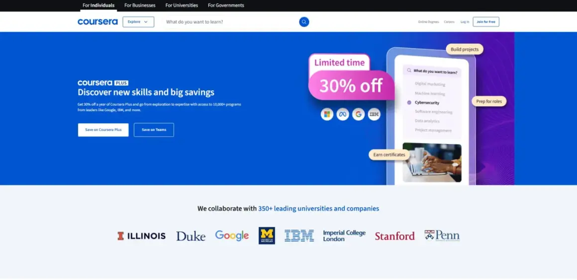 Odkryj nowe umiejętności na Coursera z 30% zniżką na Coursera Plus. Ucz się od liderów takich jak Google i IBM.