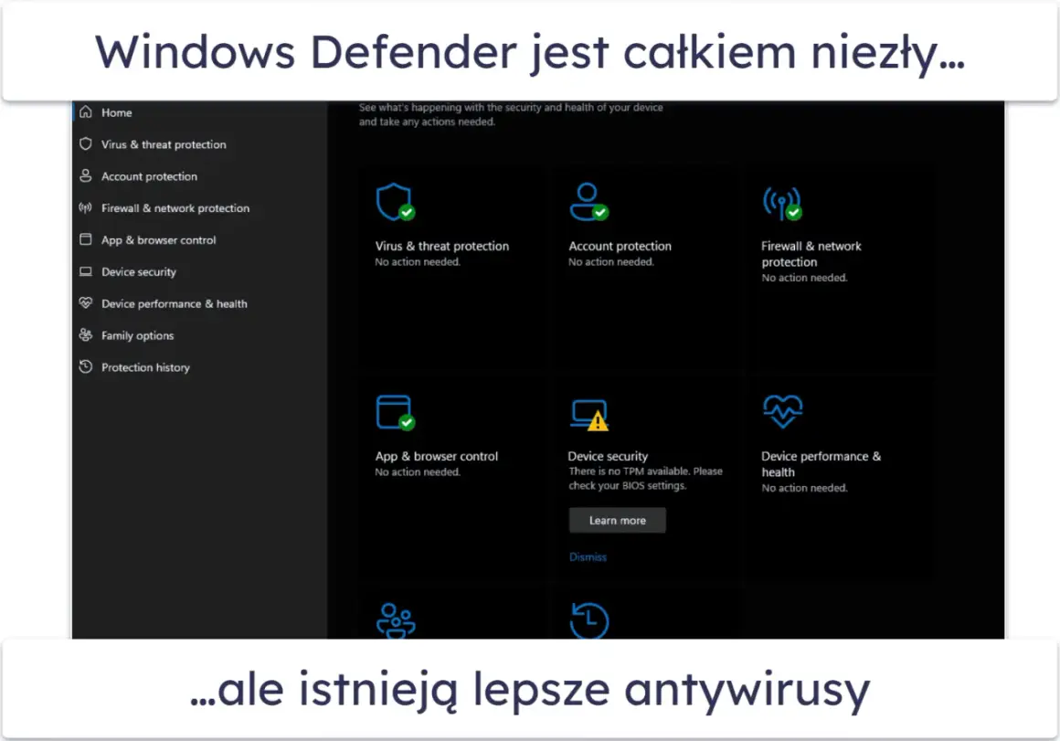 Ekran Windows Defender z sekcjami ochrony: wirusów, konta, sieci. Microsoft Defender zapewnia podstawowe bezpieczeństwo.