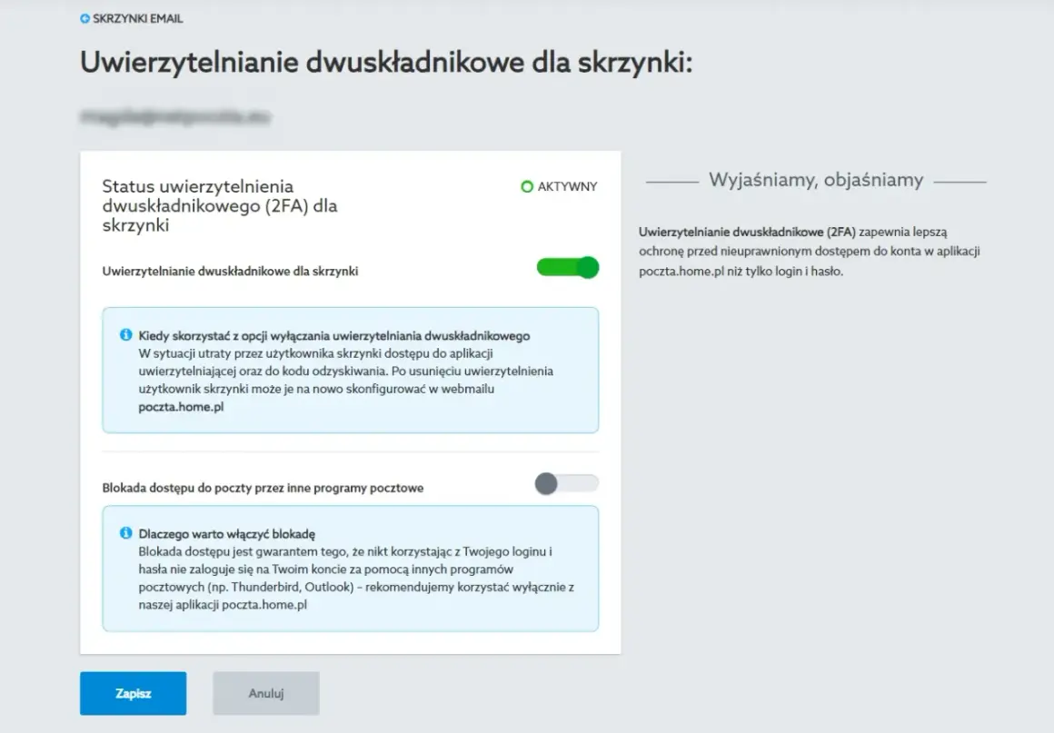 Ustawienia bezpieczeństwa skrzynki email, w tym aktywne uwierzytelnianie dwuskładnikowe (2FA) dla lepszej ochrony.