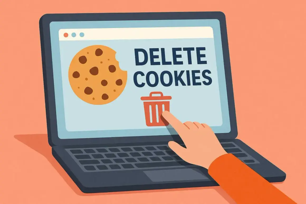Ręka klika ikonę kosza na śmieci na ekranie laptopa, obok ciasteczka i napisu "DELETE COOKIES". Dowiedz się, jak usunąć pliki cookies.