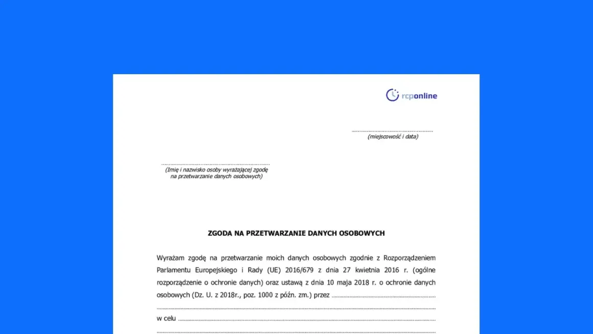 Formularz zgody na przetwarzanie danych osobowych, wymagany przez RODO.