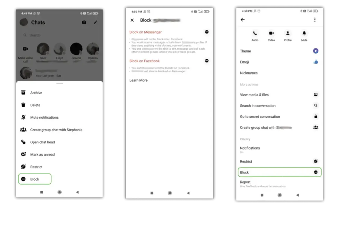 Jak usunąć konto na Messengerze? Zrzuty ekranu pokazują opcje blokowania użytkownika i zarządzania rozmową.