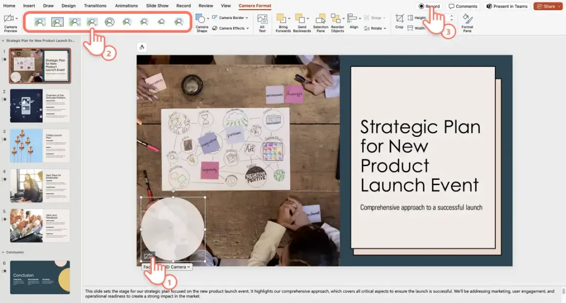 Prezentacja PowerPoint z widokiem kamery i menu "Camera Format". Kliknięcie "Record" (3) rozpoczyna nagrywanie.