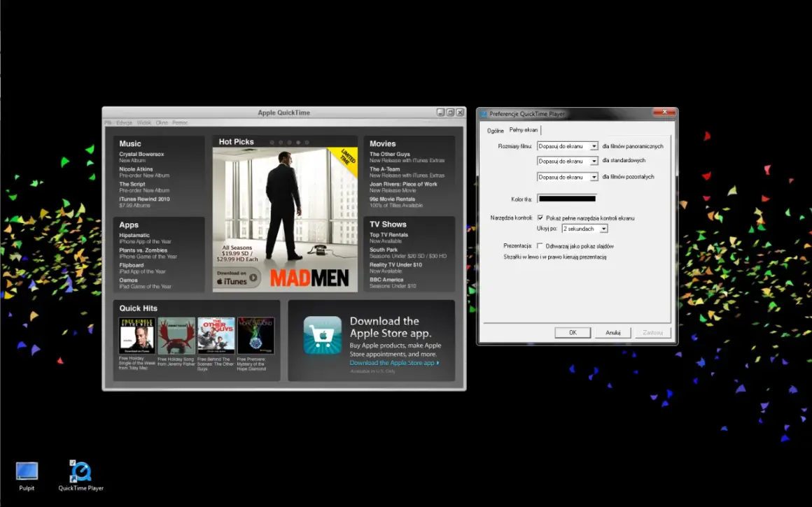 Ustawienia QuickTime Player: dopasowanie rozmiaru filmu, ukrywanie narzędzi po 2 sekundach.