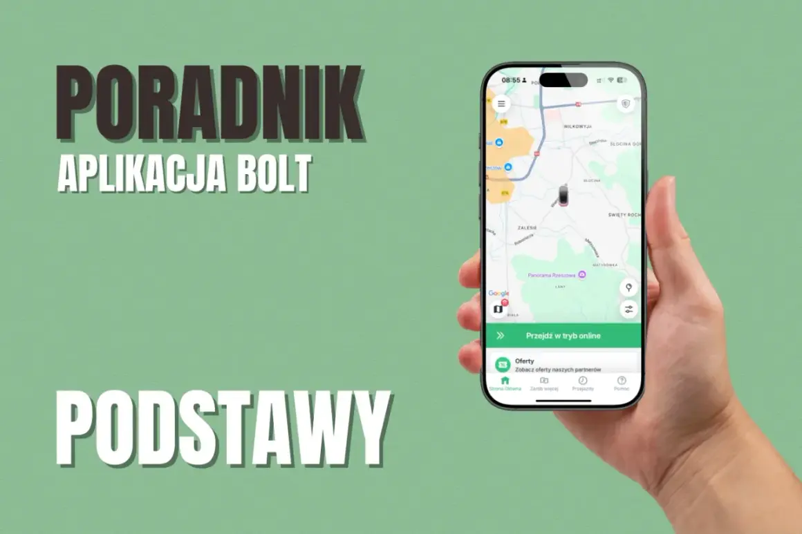 Poradnik podstawy aplikacji Bolt. Na ekranie telefonu widać mapę z zaznaczoną trasą i opcję "Przejdź w tryb online".