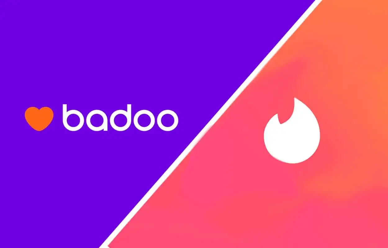 Logo Badoo na fioletowym tle i logo Tinder na różowo-pomarańczowym tle. Którą aplikację wybierzesz: Tinder czy Badoo?