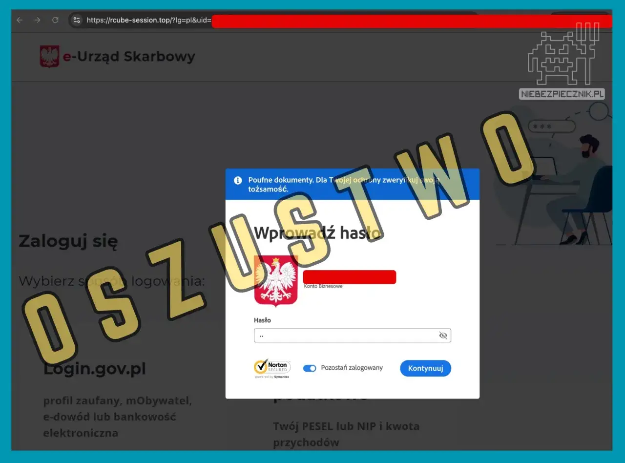 Oszustwo na stronie logowania e-Urzędu Skarbowego. Uważaj na spoofing i nie podawaj danych.