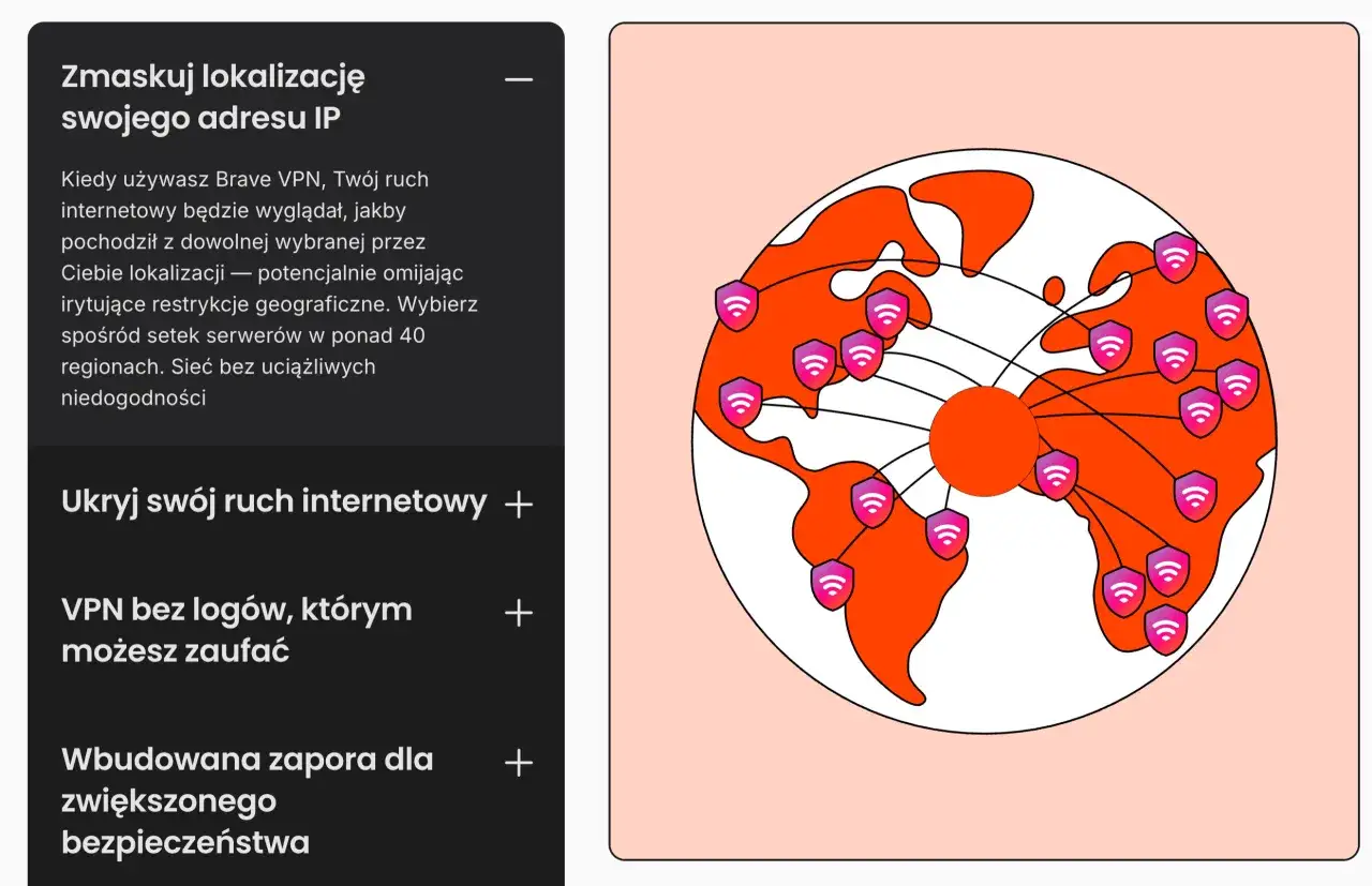 Grafika przedstawia kulę ziemską z połączonymi serwerami, symbolizującymi działanie Brave VPN.