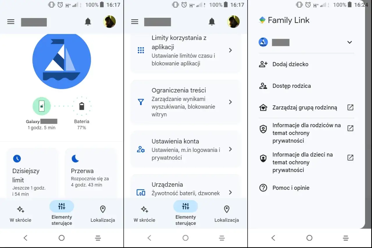 Ekran aplikacji Family Link, służącej do kontroli rodzicielskiej na Androidzie. Widoczne opcje: limity aplikacji, ograniczenia treści, ustawienia konta, zarządzanie grupą rodzinną.