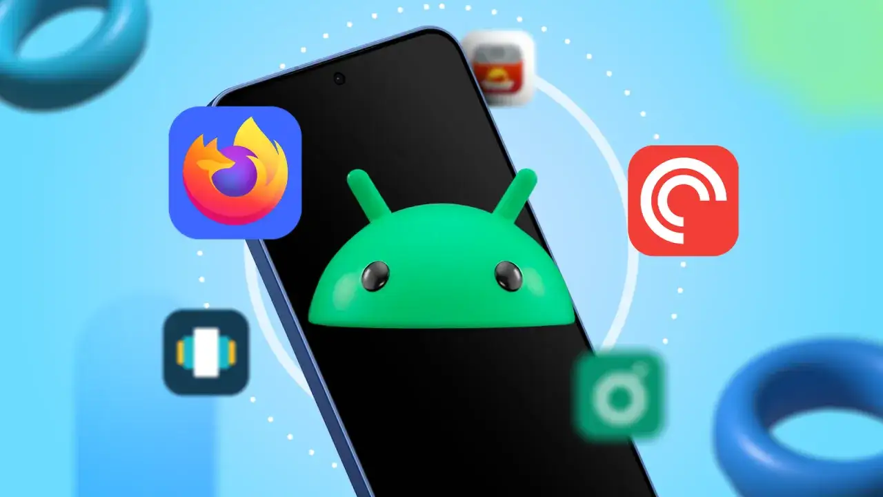 Telefon z Androidem i ikony popularnych aplikacji do pobrania: Firefox, Pocket Casts, Instagram i inne.