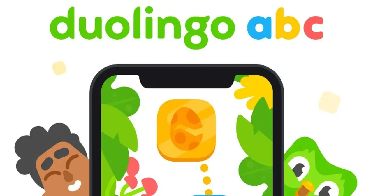 Kolorowe logo Duolingo ABC i uśmiechnięte postacie zachęcają do nauki. Idealne duolingo dla dzieci!