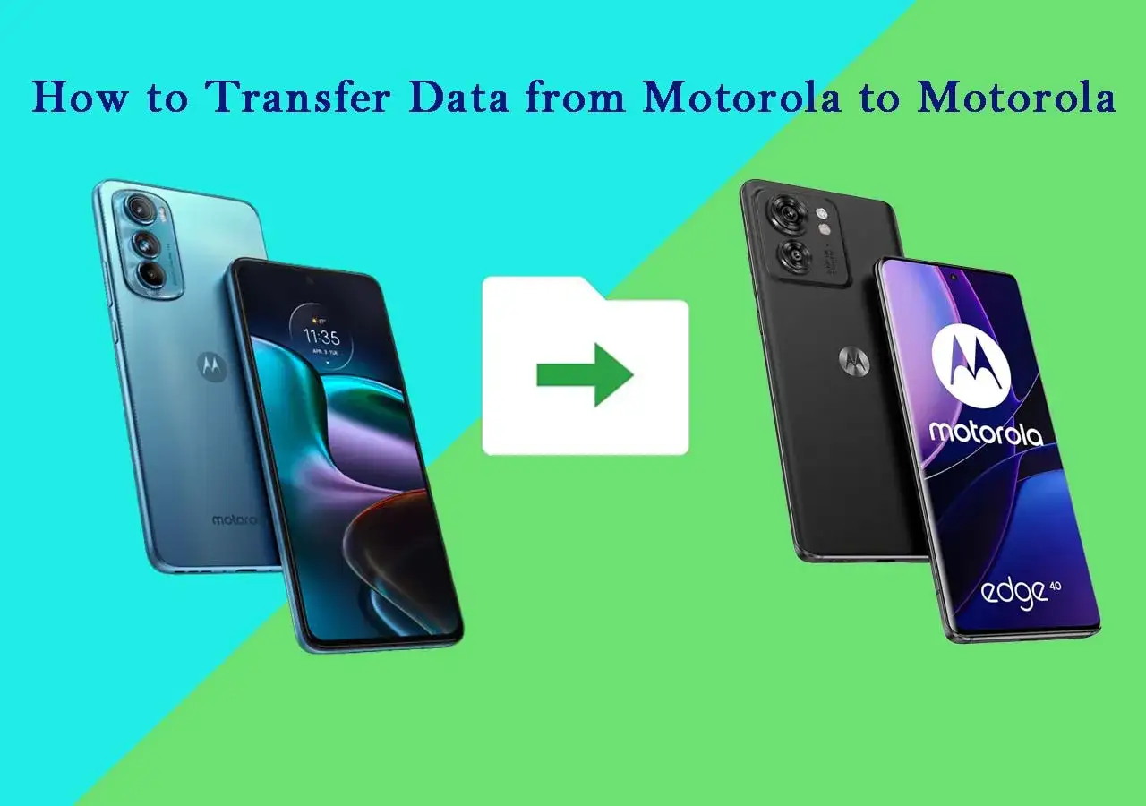 Dwa telefony Motorola, jeden niebieski, drugi czarny, z ikoną folderu i strzałką wskazującą transfer danych. Użyj motorola migrate do przeniesienia danych.