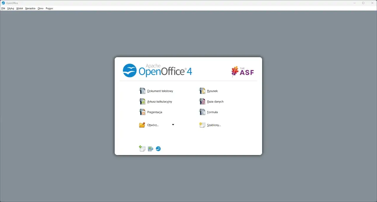 Ekran startowy Apache OpenOffice 4, darmowego pakietu biurowego. Możesz tu tworzyć dokumenty tekstowe, arkusze kalkulacyjne, prezentacje i inne.