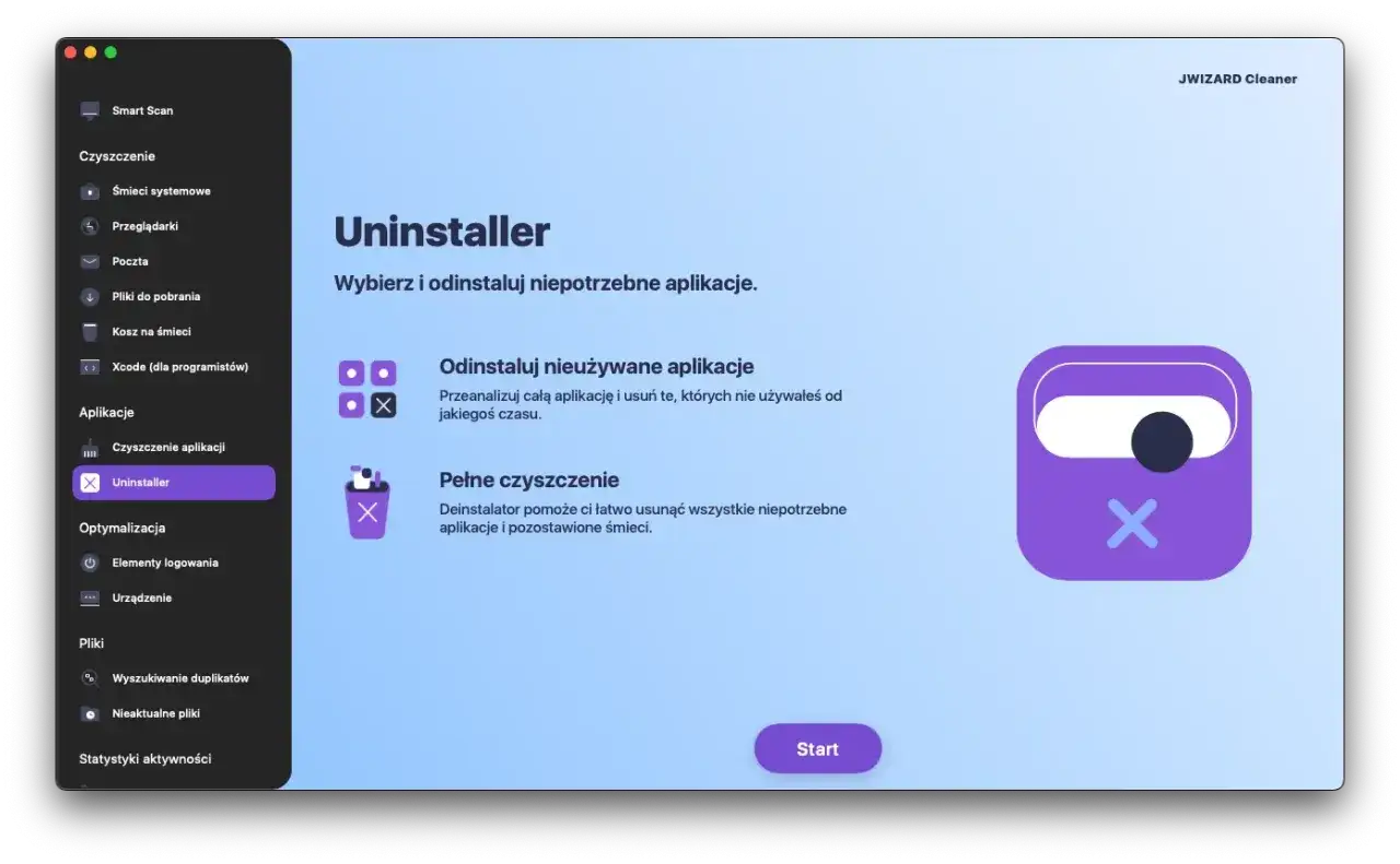 Program JWizard Cleaner pomaga w debloat systemu, odinstalowując nieużywane aplikacje i usuwając śmieci.